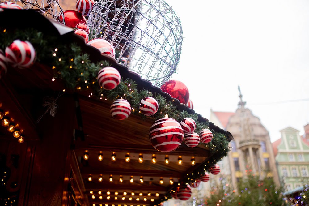 Beautiful red baubles in Christmas market in Wroclaw, Poland