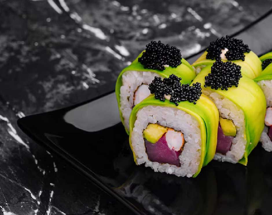 Sushi Rolls with Black Caviar and Avocado